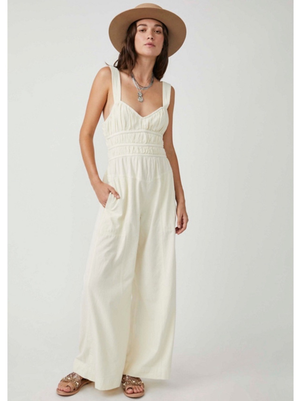 Free People After All Ruched Wide Leg Cotton Jumpsuit Nilla Cream Size Medium